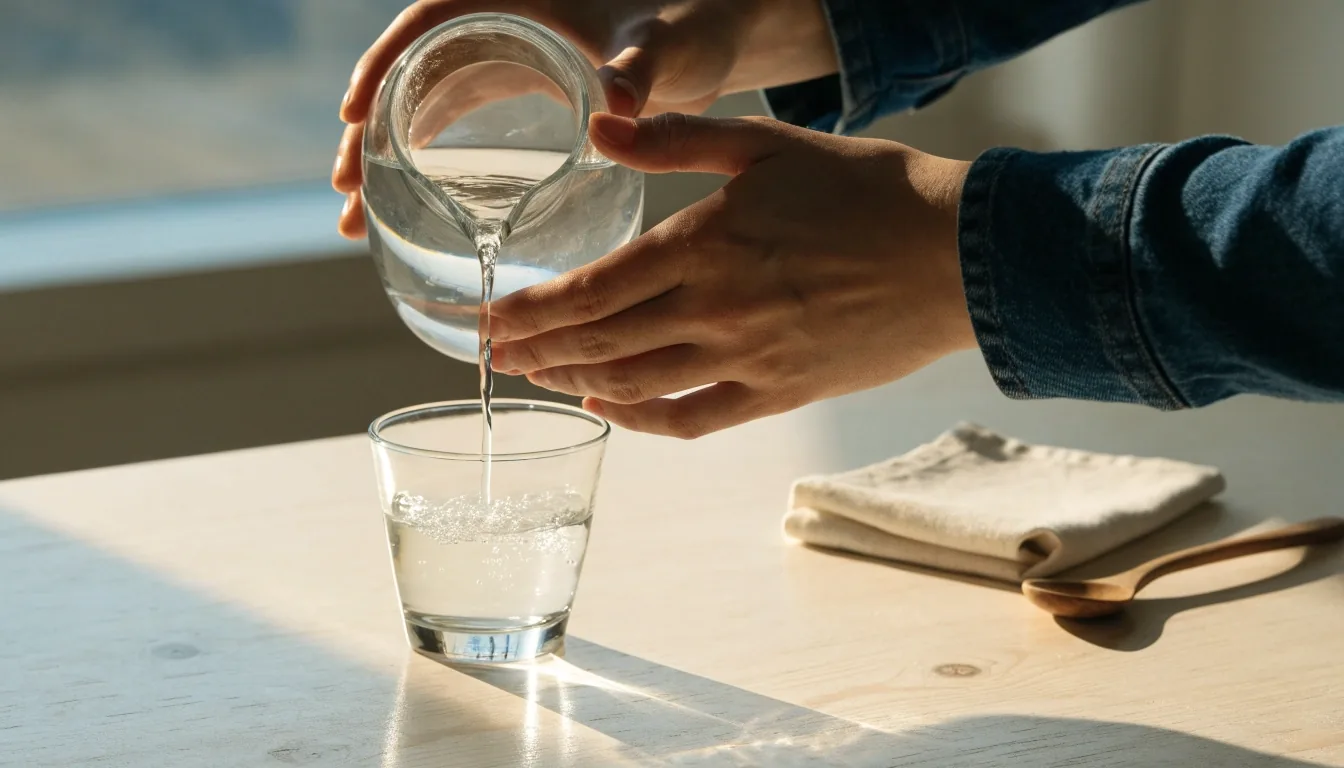 A hand pouring water into a short glass on a pale birch counter with a linen napkin beside it