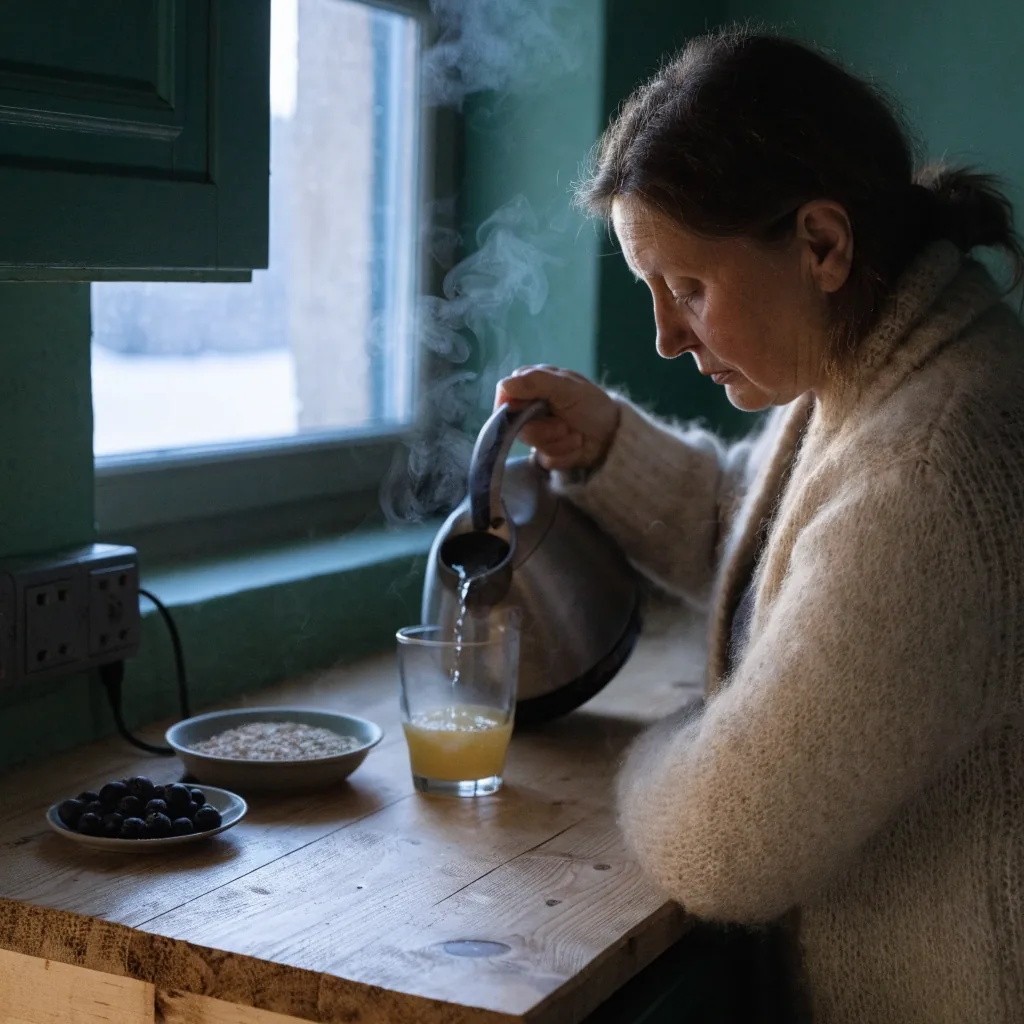 Birch kitchen counter with a linen napkin, wooden spoon and a glass of water in low morning light