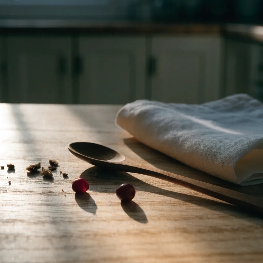 Macro of a birch counter with a folded linen napkin, a wooden spoon and a few lingonberries