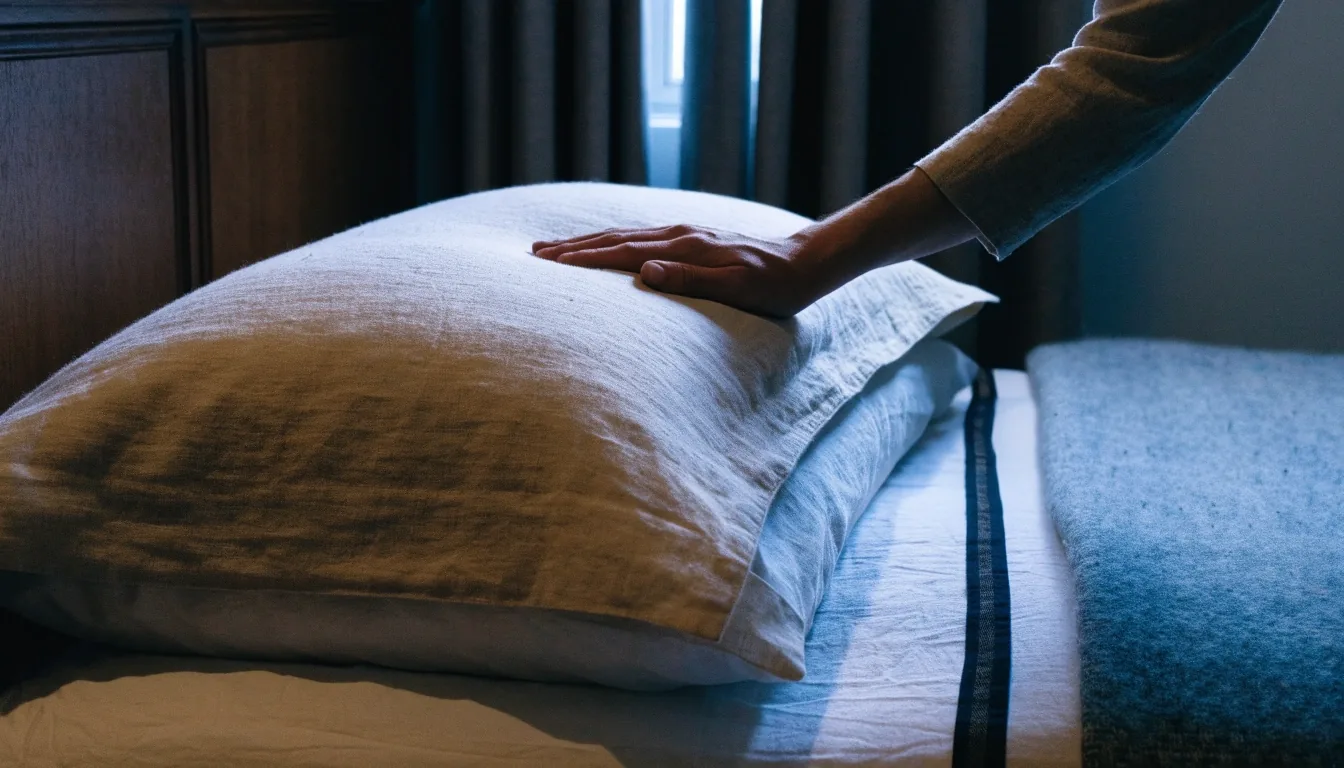 Linen bed and wool blanket in a Nordic bedroom at dusk, with a carafe of water on a birch bedside table