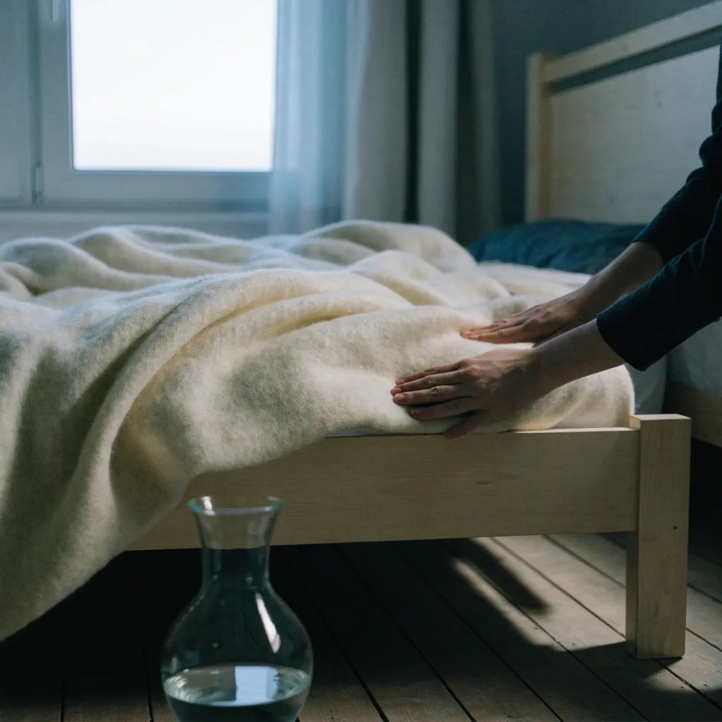 Wool blanket folded at the edge of a birch bed with a carafe of water in low morning light