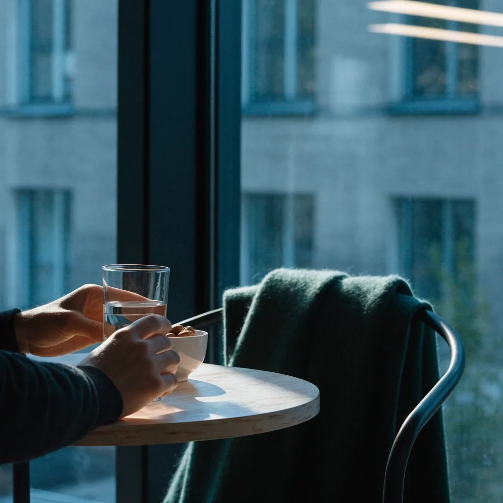 A dim Nordic kitchen counter at eight in the morning with winter sun stripes across a birch worktop, a glass of water and a closed laptop