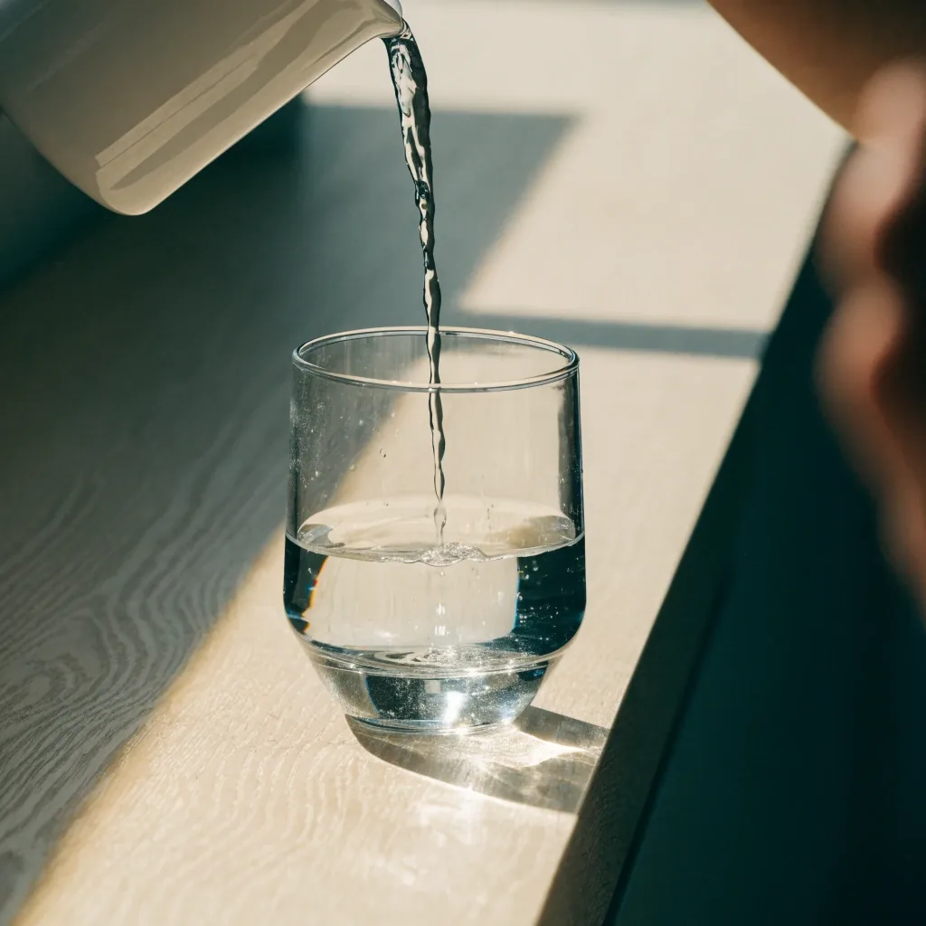 A squat water glass filling from a carafe on a birch counter in morning light