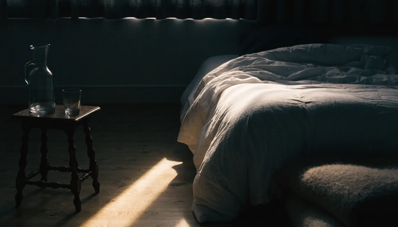 A darkened bedroom at dawn with one thin line of daylight across a made bed and a carafe on a wooden stool