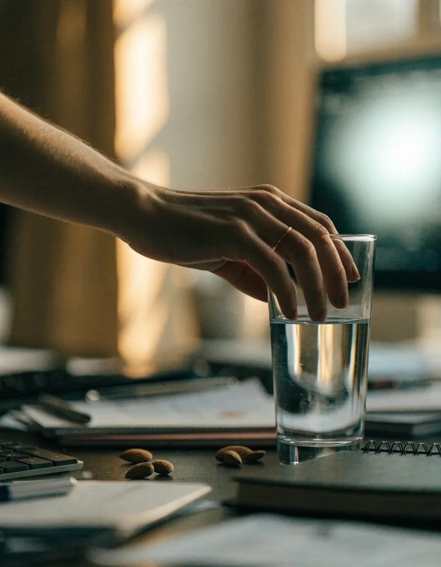 A side view of an office desk in late afternoon with a blurred screen glare and a full glass of water