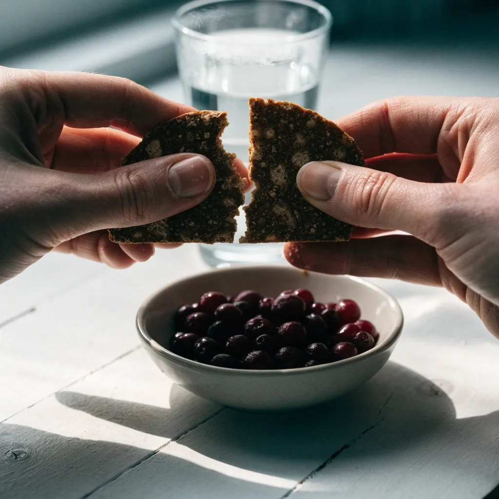 Close one-to-one view of rye crispbread and lingonberries on a birch board in morning light
