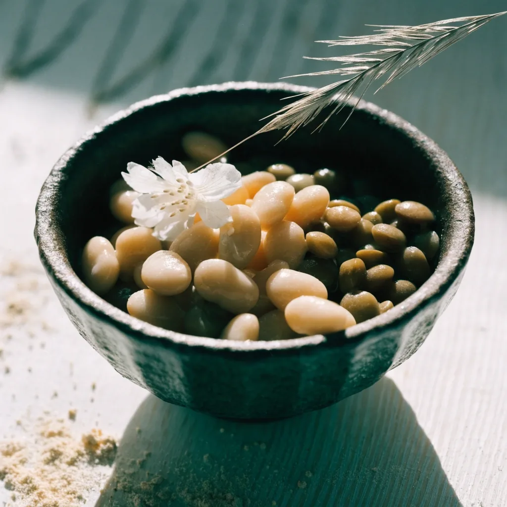 One-to-one macro of soaked beans and lentils in a stoneware bowl on birch with scattered rye flour