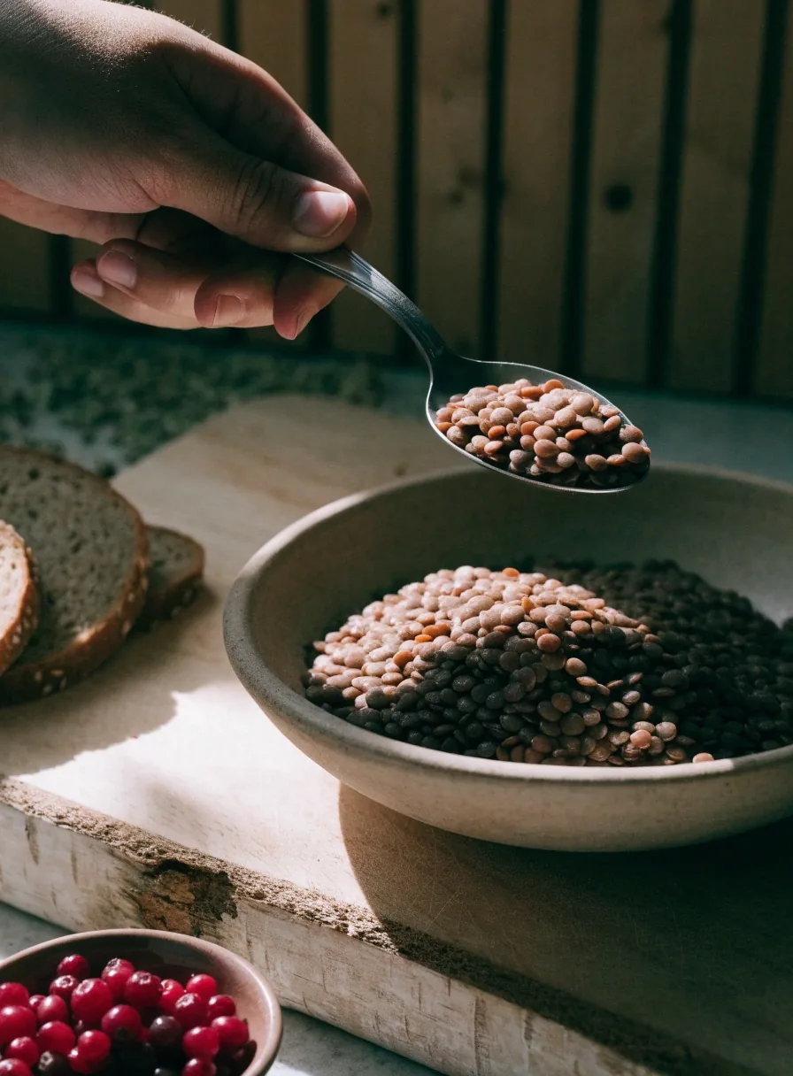 Lentils, rye bread and lingonberries on a birch board with a spoon lifted above the bowl