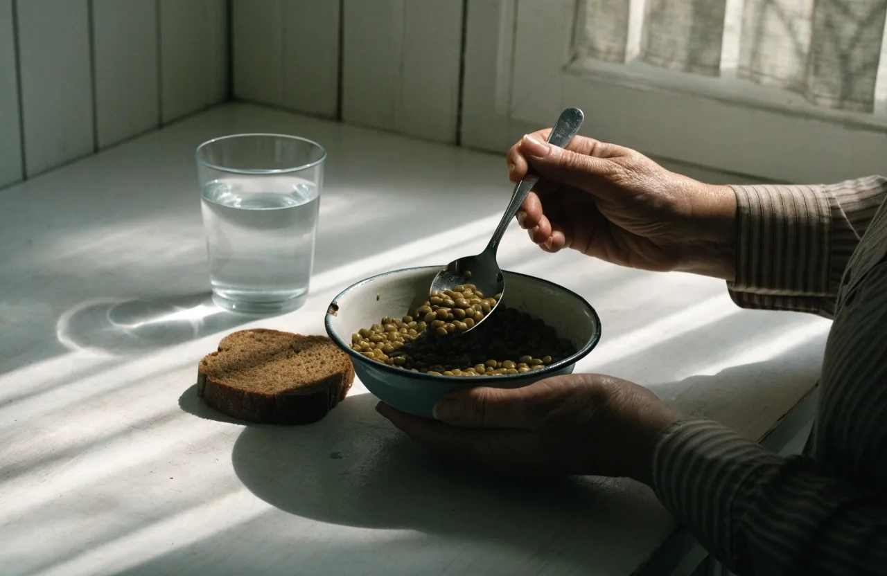 A bowl of oats and a mug by a bright kitchen window