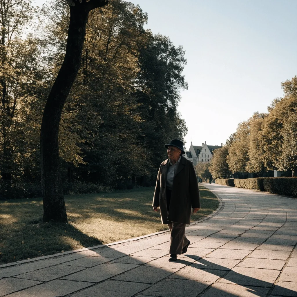 An older woman walking a park path in low autumn sunlight