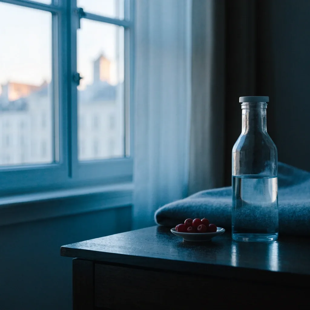 Bedside carafe and the edge of a wool blanket in low morning light