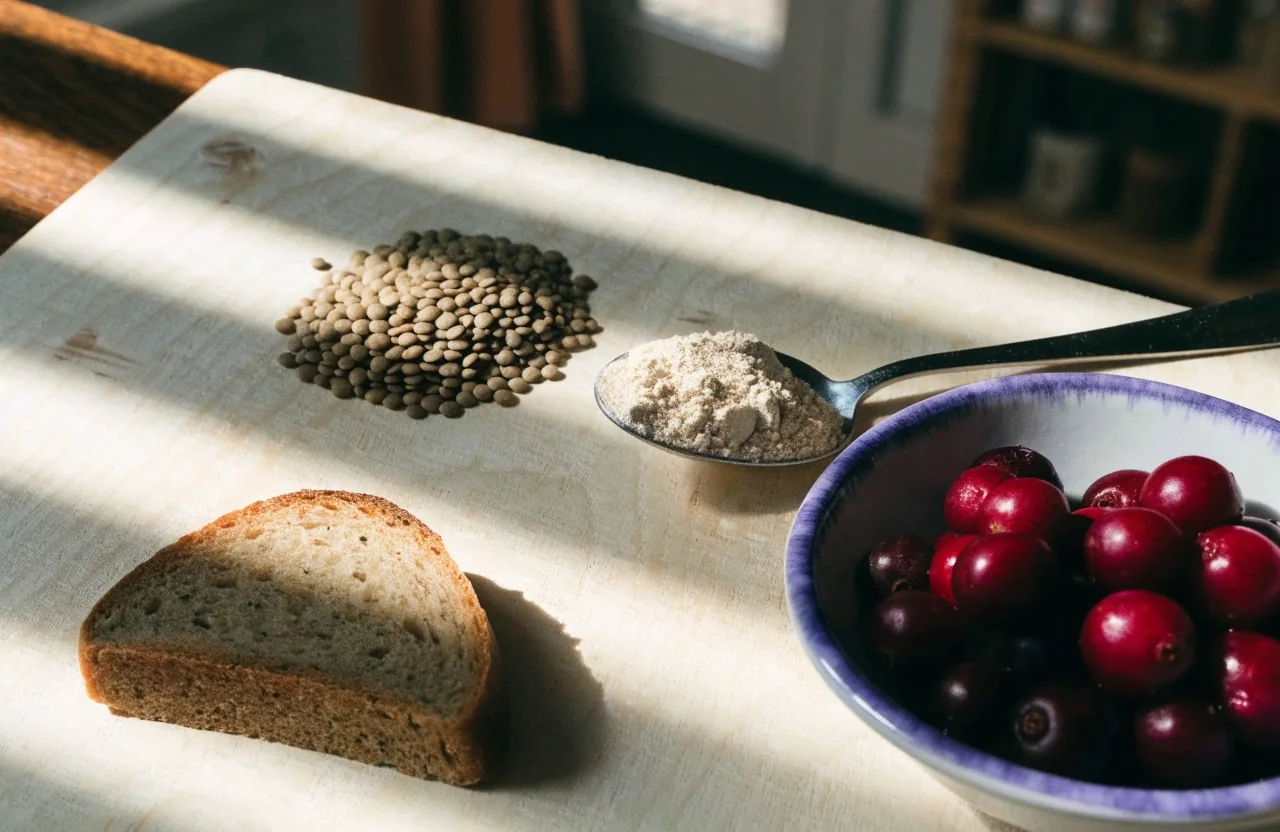 Lentils, rye flour, wholegrain bread and lingonberries arranged on a birch board