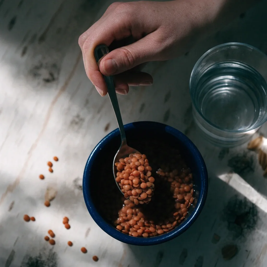 Close view of soaked butter beans and chickpeas in a pale stoneware bowl on a birch board