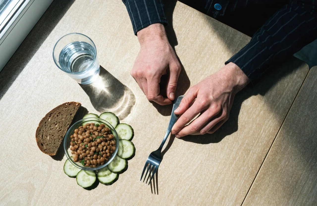 Office desk lunch with rye bread, a bowl of lentils, vegetables and a glass of water