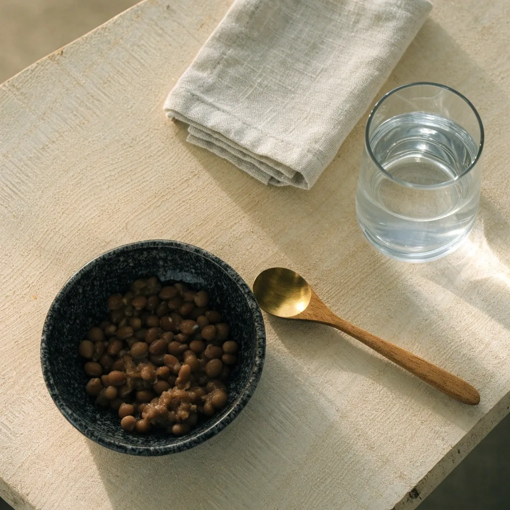 Bowl of cooked legumes with a wooden spoon, linen napkin and a glass of water on a birch board