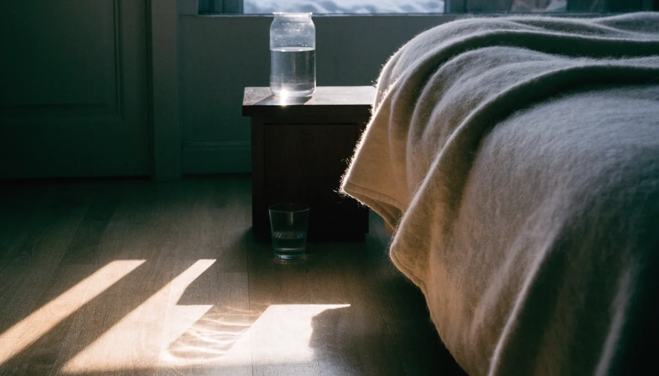 Low morning light striping a bedroom floor and the edge of a wool blanket beside a bedside carafe of water
