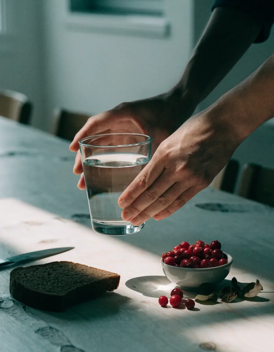 A birch kitchen counter in morning light with a linen napkin, a wooden spoon and a glass of water resting on the grain
